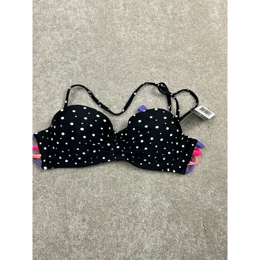 California Waves Women's Black White Polka Dot Padded Bandeau Bikini Top S Nylon